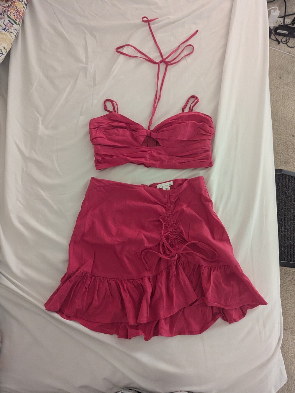 H&M Hot Pink Ruffled Linen-blend Crop Top and Skirt Set